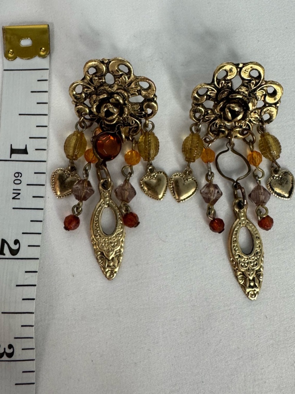 Vintage Gold Tone Dangle Earrings Amber Bead Heart Charm Boho - Picture 5 of 5